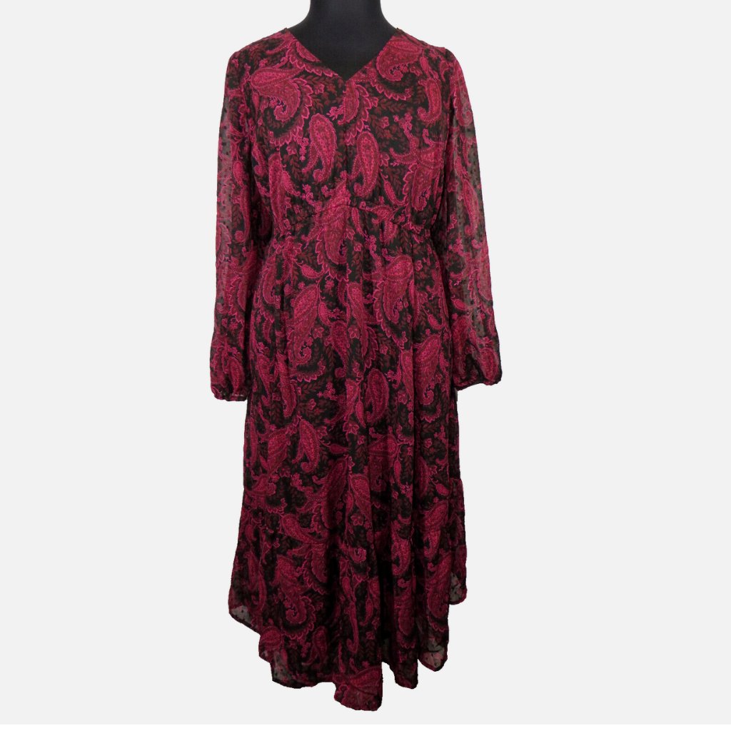 Torrid Black Red Paisley Clip Dot Long Sleeve Midi Dress, Pockets, Plus Size 3x